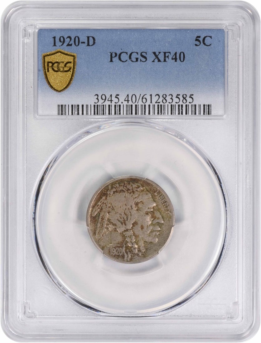 1920-D Buffalo Nickel EF40 PCGS Certified Coin: 1920-D Buffalo Nickel EF40 PCGS Certified Coin This 1920-D Buffalo Nickel is a remarkable piece of American numismatic history, certified by PCGS at an EF40 grade. Struck in Denver, this coin features