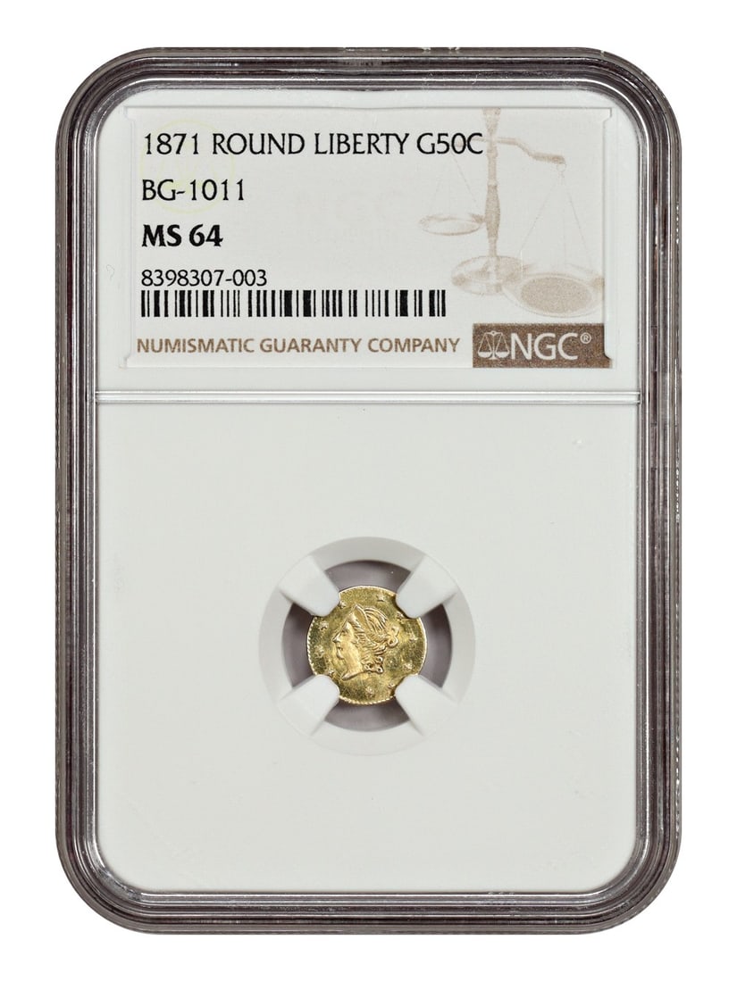 1871 California Fractional Gold 50 Cent MS64 NGC BG-1011 Coin: 1871 California Fractional Gold 50 Cent MS64 NGC BG-1011 Coin This is an un-used 1871 California Fractional Gold 50C coin, graded MS64 by NGC. It is a territorial issue, struck in Philadelphia, and re