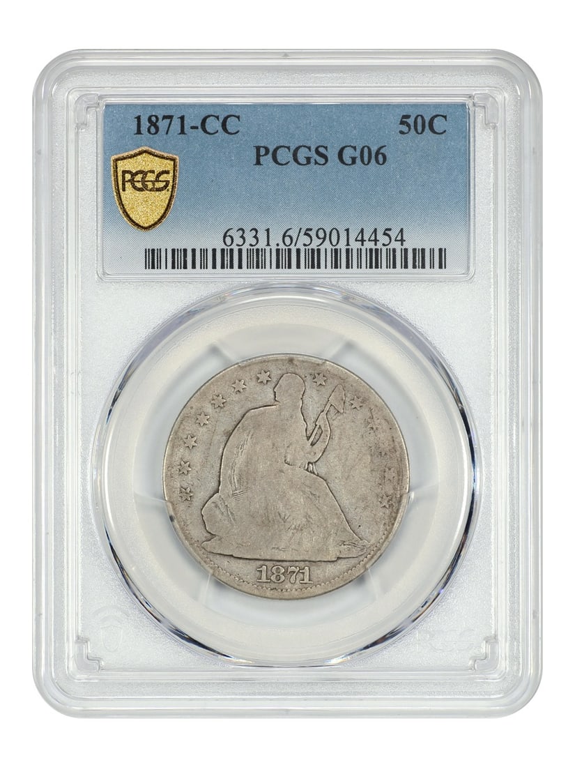 Carson City 1871 Liberty Seated Half Dollar PCGS Graded Good 6: Carson City 1871 Liberty Seated Half Dollar PCGS Graded Good 6 This 1871-CC Liberty Seated Half Dollar is a rare Carson City issue, certified by PCGS with a grade of Good 06. With a low mintage of onl