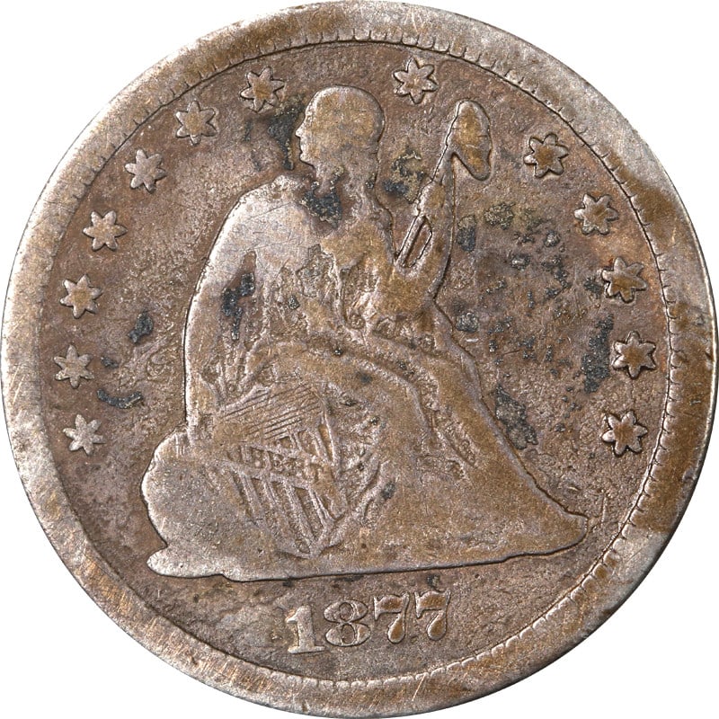 1877 Carson City Silver Quarter Seated Liberty Design: 1877 Carson City Silver Quarter Seated Liberty Design This is an 1877-CC Seated Liberty Quarter, minted in Carson City in 1877. The coin is composed of silver with a fineness of 0.9. It is circulated