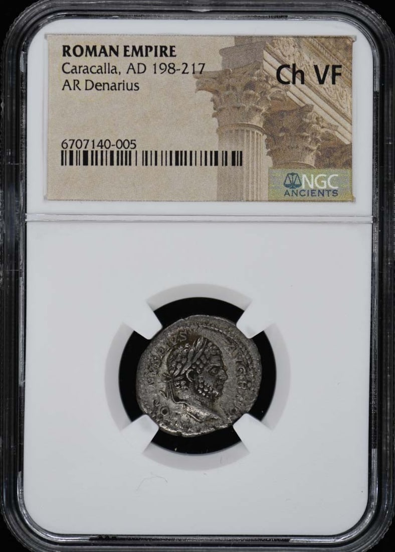 Caracalla Roman Empire AR Denarius NGC Certified VF30: Caracalla Roman Empire AR Denarius NGC Certified VF30 This Ancient Roman AR Denarius features Caracalla, dating from AD 198-217. It is certified by NGC with a grade of VF30, indicating it is in very f