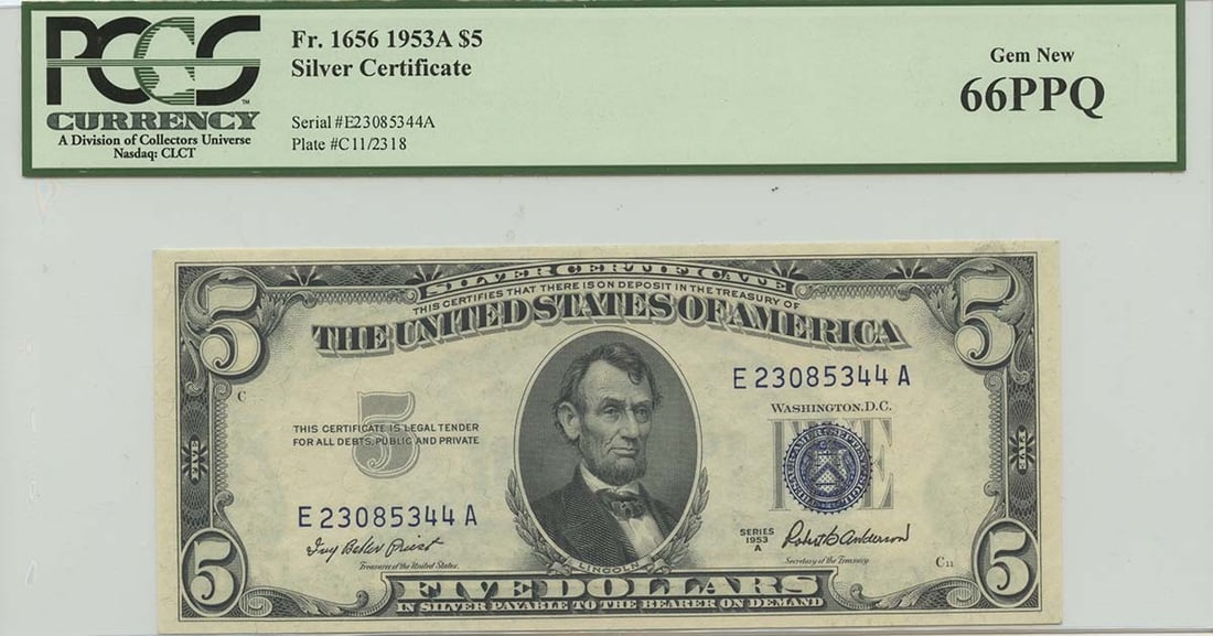 1953A $5 Silver Certificate FR#1656 PCGS 66 Gem Uncirculated (1 of 2)