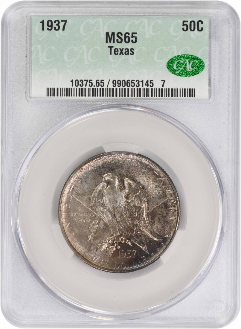 1937 Texas Commemorative Silver Half Dollar MS65 CACG Uncirculated: 1937 Texas Commemorative Silver Half Dollar MS65 CACG Uncirculated The Texas Commemorative Silver Half Dollar from 1937 is a remarkable piece of numismatic history. This uncirculated coin, certified b