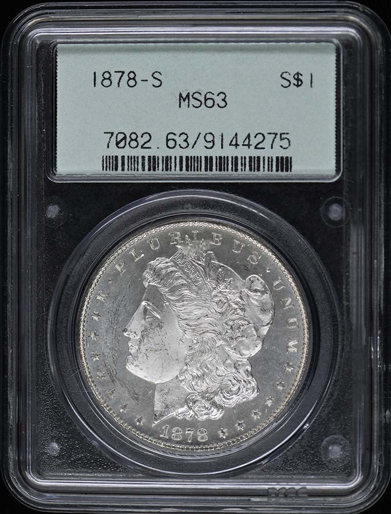 1878-S Morgan Dollar PCGS MS63 Uncirculated San Francisco: 1878-S Morgan Dollar PCGS MS63 Uncirculated San Francisco This 1878-S Morgan Dollar boasts a certification from PCGS with a grade of MS63, indicating an uncirculated condition. Minted in San Francisco