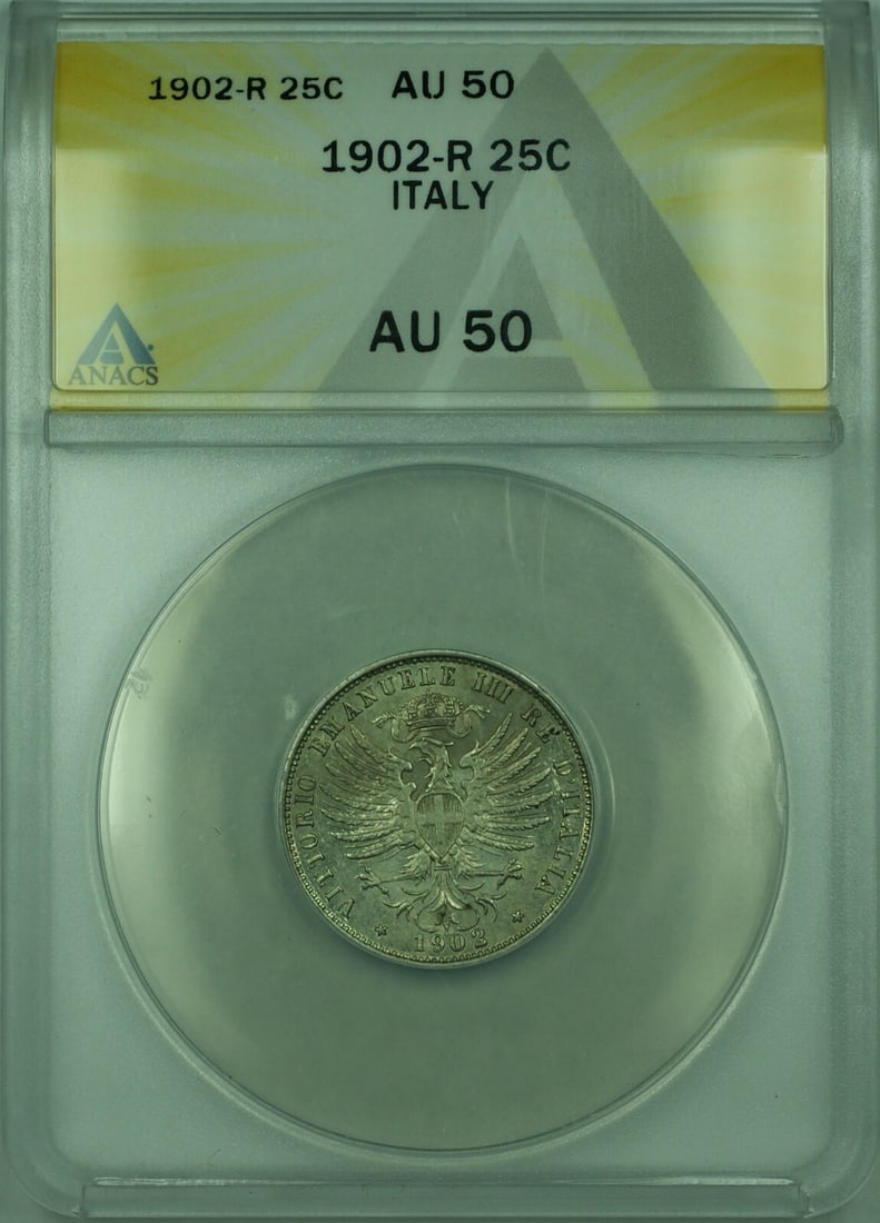 1902 Italy ANACS AU 50 25 Centesimi Coin KM 36 (1 of 2)