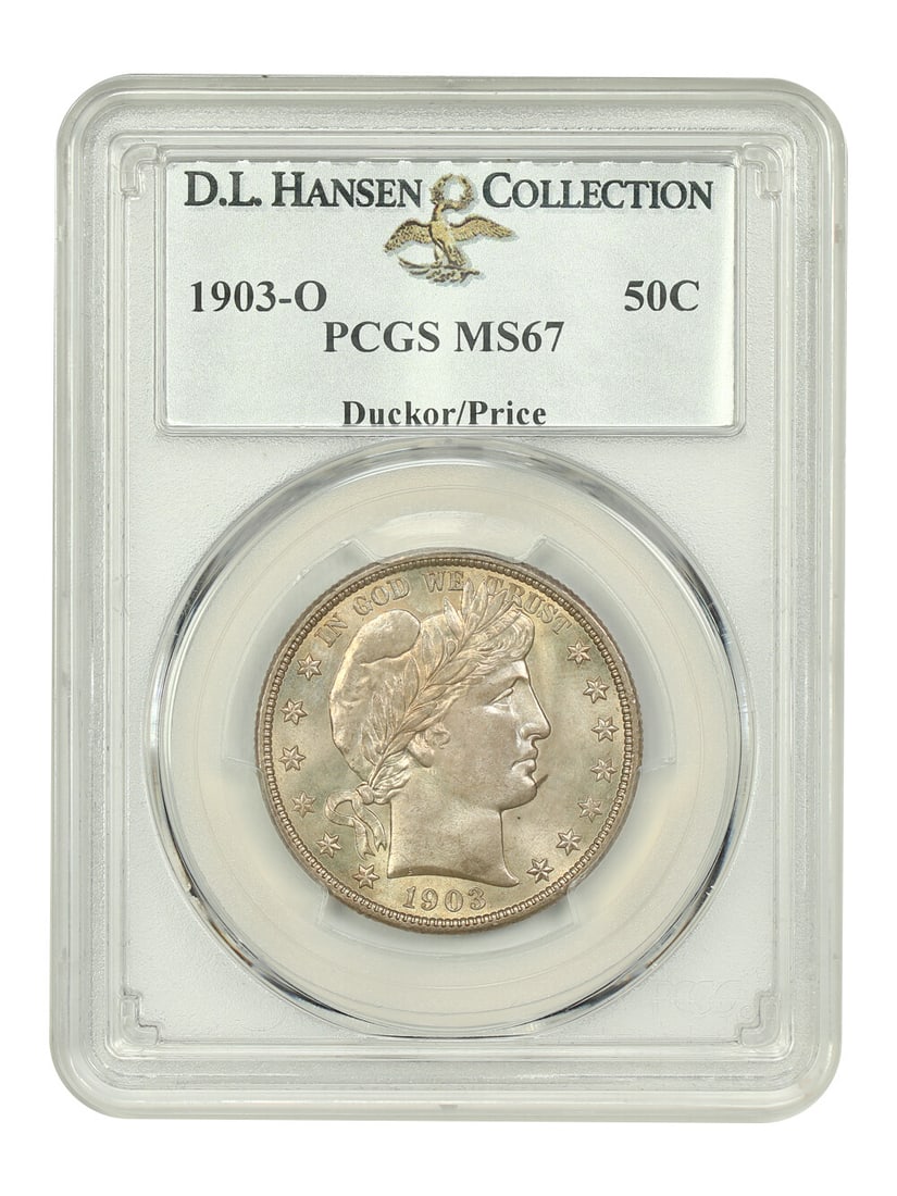 1903-O Barber Half Dollar PCGS MS67 Ex D.L. Hansen Duckor Price: 1903-O Barber Half Dollar PCGS MS67 Ex D.L. Hansen Duckor Price This 1903-O Barber Half Dollar is a stunning uncirculated example, graded MS67 by PCGS, with certification number 16398735. Struck at th