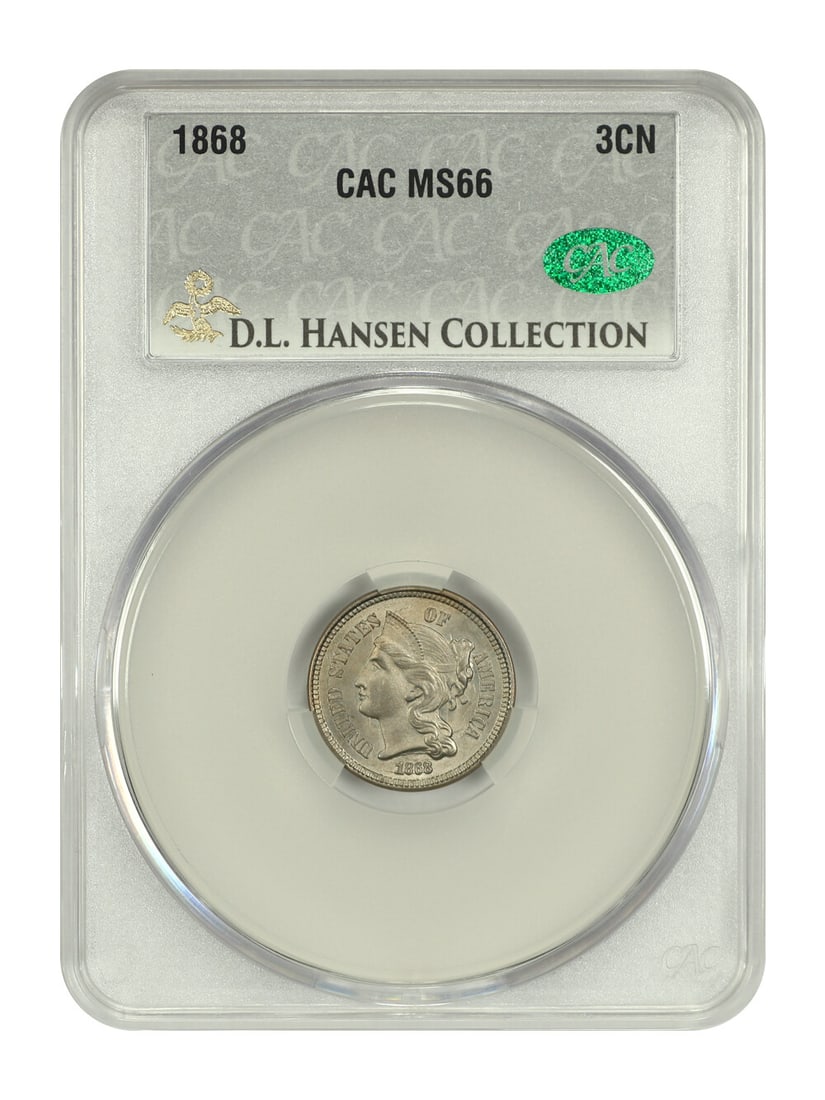 1868 3CN CACG MS66 Uncirculated Three Cent Nickel D.L. Hansen: 1868 3CN CACG MS66 Uncirculated Three Cent Nickel D.L. Hansen This 1868 Three Cent Nickel is a remarkable piece certified by CACG with a grade of MS66. Struck at the Philadelphia Mint, this coin showc