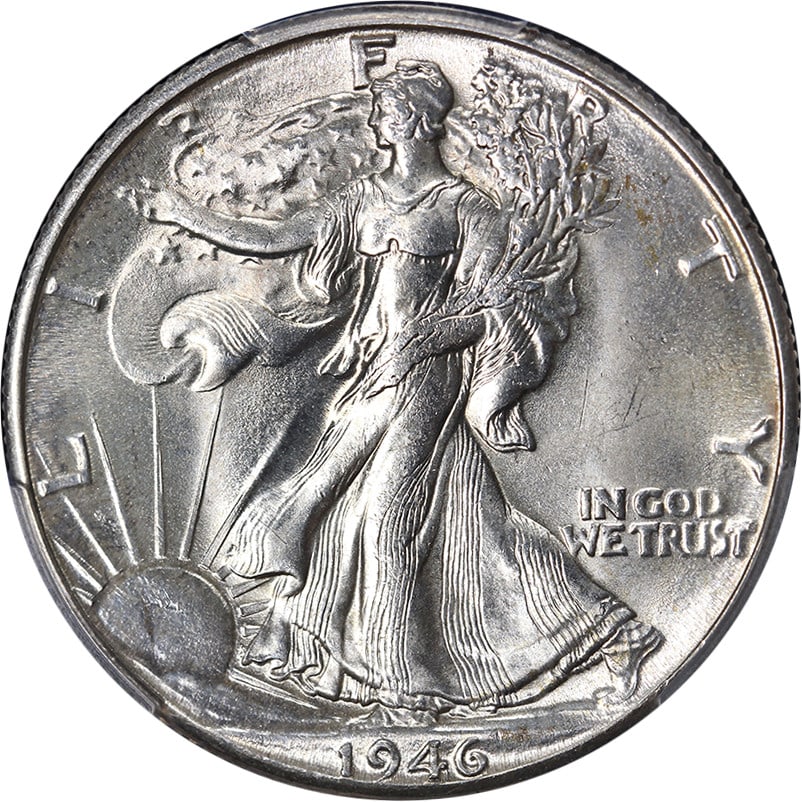 1946-D Walking Liberty Half MS65 PCGS Certified Silver Coin: 1946-D Walking Liberty Half MS65 PCGS Certified Silver Coin This stunning 1946-D Walking Liberty Half showcases exceptional eye appeal, featuring fantastic luster and a well-defined strike. The coin i