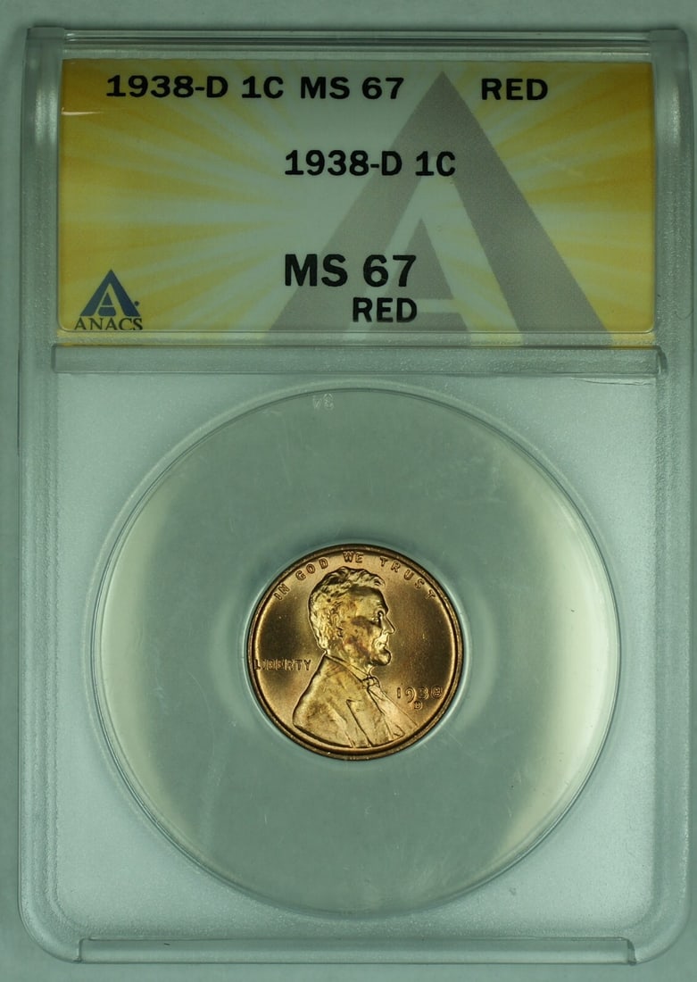 1938-D Lincoln Wheat Cent ANACS MS 67 RD Uncirculated Coin (1 of 2)