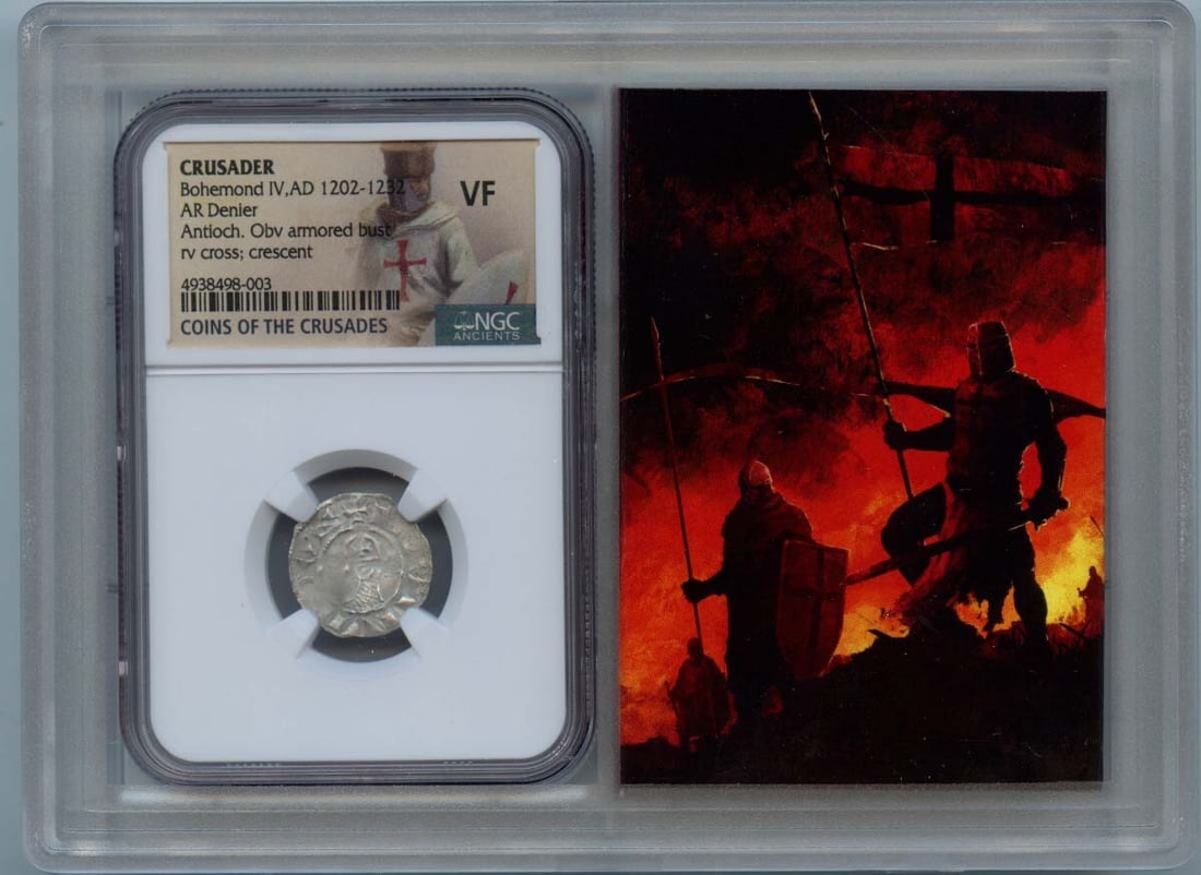 Bohemond IV Crusader AR Denier AD 1202-1232 NGC VF20 Coin: Bohemond IV Crusader AR Denier AD 1202-1232 NGC VF20 Coin This Bohemond IV AR Denier, dated AD 1202-1232, is a fascinating piece of Crusader history. Certified by NGC with a grade of VF20, this coin e