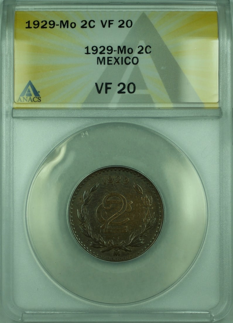 1929-Mo 2 Centavos Bronze Coin ANACS Certified KM#419: 1929-Mo 2 Centavos Bronze Coin ANACS Certified KM#419 This 1929-Mo 2 Centavos coin from Mexico is a historical piece certified by ANACS with a grade of VF 20. It features a composition of bronze, refl