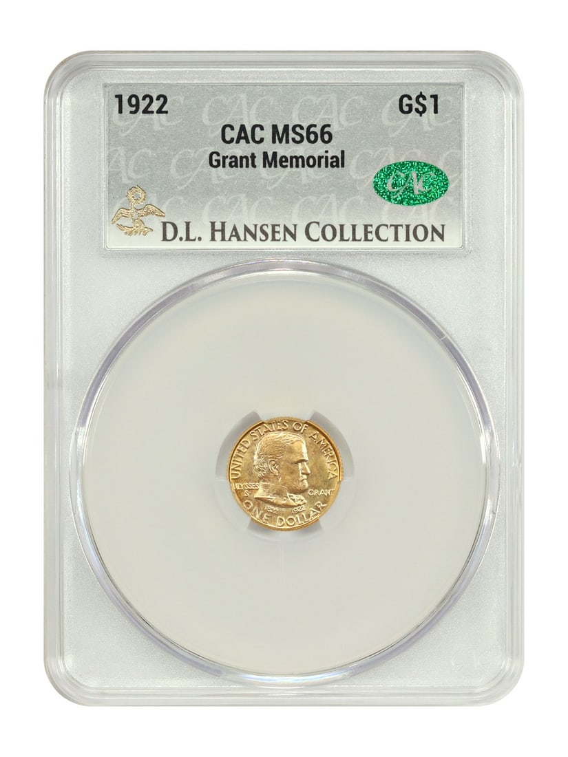 1922 Grant Gold Dollar CACG MS66 D L Hansen Pedigree Commemorative Coin: 1922 Grant Gold Dollar CACG MS66 D L Hansen Pedigree Commemorative Coin This 1922 Grant gold dollar is a classic gold commemorative coin, certified MS66 by CACG. Struck at the Philadelphia Mint, it fe