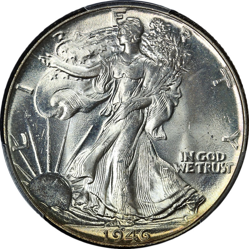 1946-P Walking Liberty Half PCGS MS64 Strong Strike Silver Coin: 1946-P Walking Liberty Half PCGS MS64 Strong Strike Silver Coin This stunning 1946-P Walking Liberty Half showcases exceptional eye appeal, featuring fantastic luster and a strong strike. The coin is