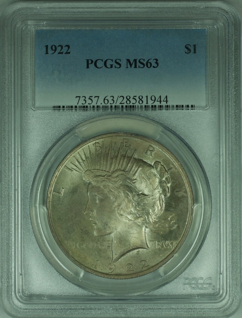 1922 Peace Silver Dollar $1 PCGS MS63 Lightly Toned Philadelphia Mint: 1922 Peace Silver Dollar $1 PCGS MS63 Lightly Toned Philadelphia Mint This 1922 Peace Silver Dollar is a remarkable collectible coin, certified by PCGS with a grade of MS-63, indicating its uncirculat