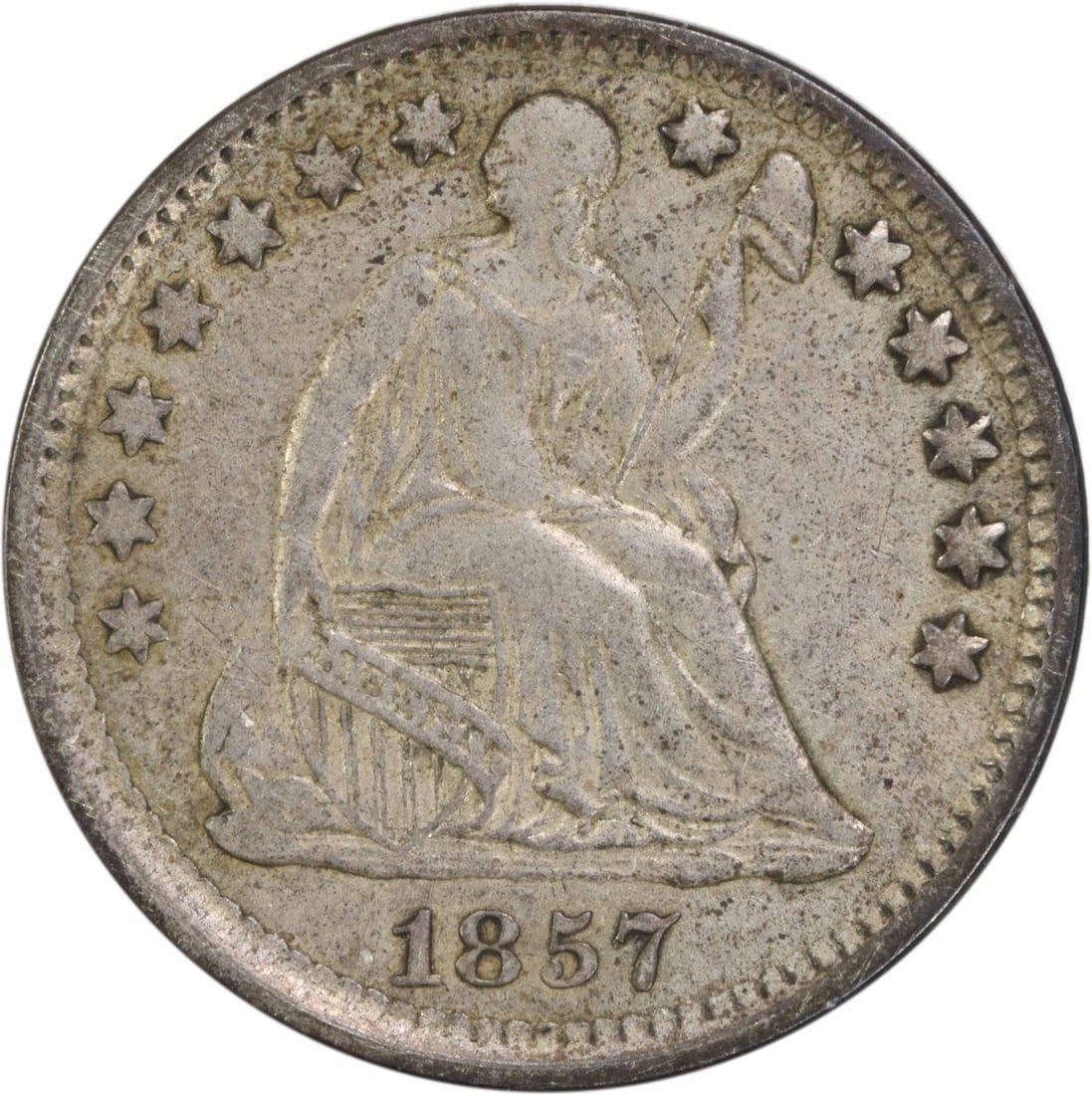 1857 Liberty Seated Half Dime EF Uncertified 90% Silver: 1857 Liberty Seated Half Dime EF Uncertified 90% Silver This 1857 Liberty Seated Silver Half Dime is a remarkable piece of American numismatic history. Struck in Philadelphia, this coin features a bea