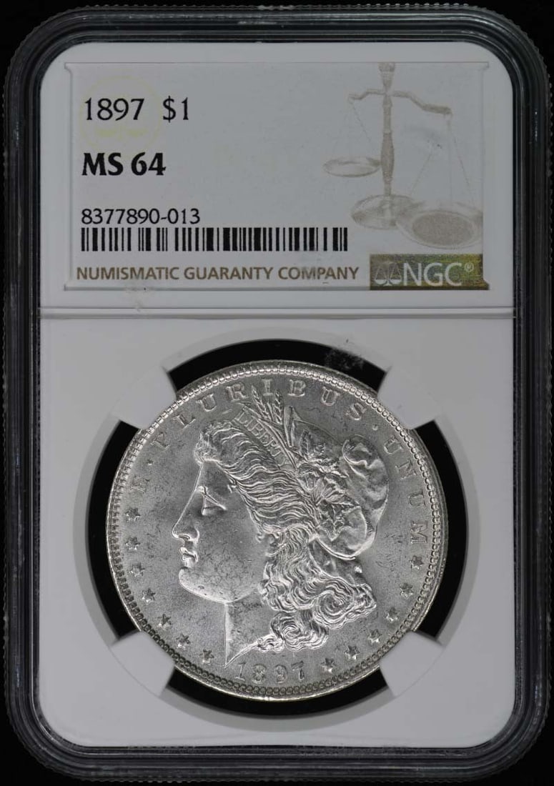 1897 Morgan Dollar S$1 NGC MS64 Uncirculated Philadelphia Mint: 1897 Morgan Dollar S$1 NGC MS64 Uncirculated Philadelphia Mint This 1897 Morgan Dollar, certified by NGC with a grade of MS64, is an exceptional addition for collectors. It is uncirculated and hails f
