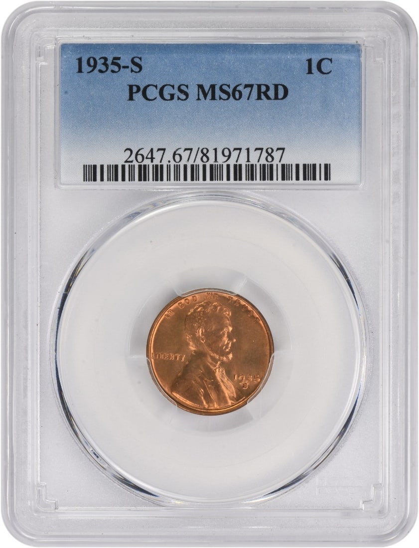PCGS MS67 Red 1935-S Lincoln Wheat Small Cent Uncirculated: PCGS MS67 Red 1935-S Lincoln Wheat Small Cent Uncirculated This 1935-S Lincoln Wheat Cent is an uncirculated coin graded MS67RD by PCGS. Struck at the San Francisco Mint, it features a copper composit