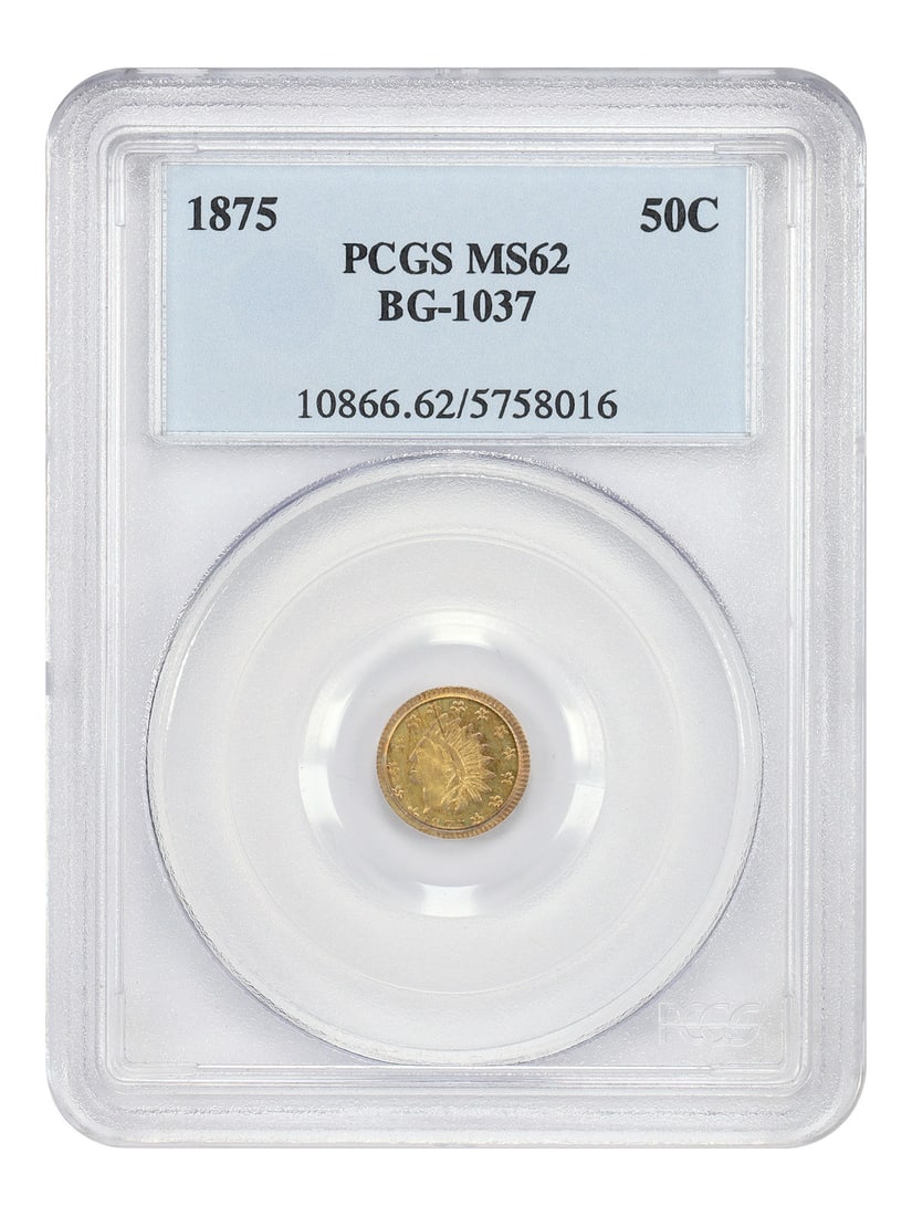 1875 California Fractional Gold 50C BG-1037 PCGS MS62 Coin: 1875 California Fractional Gold 50C BG-1037 PCGS MS62 Coin This is an 1875 California Fractional Gold 50-cent coin graded MS62 by PCGS. Struck in Philadelphia, this coin is from the Territorial series