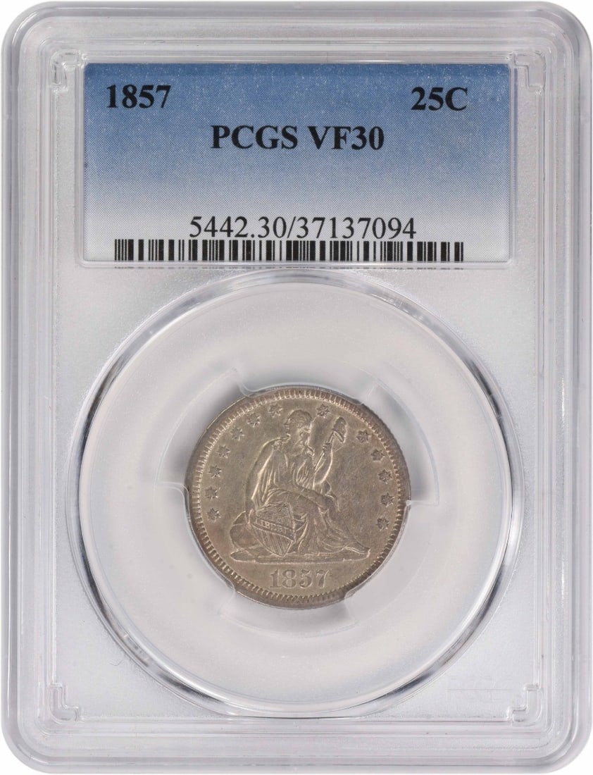 1857 Liberty Seated Quarter VF30 PCGS Certified Silver Coin (1 of 2)