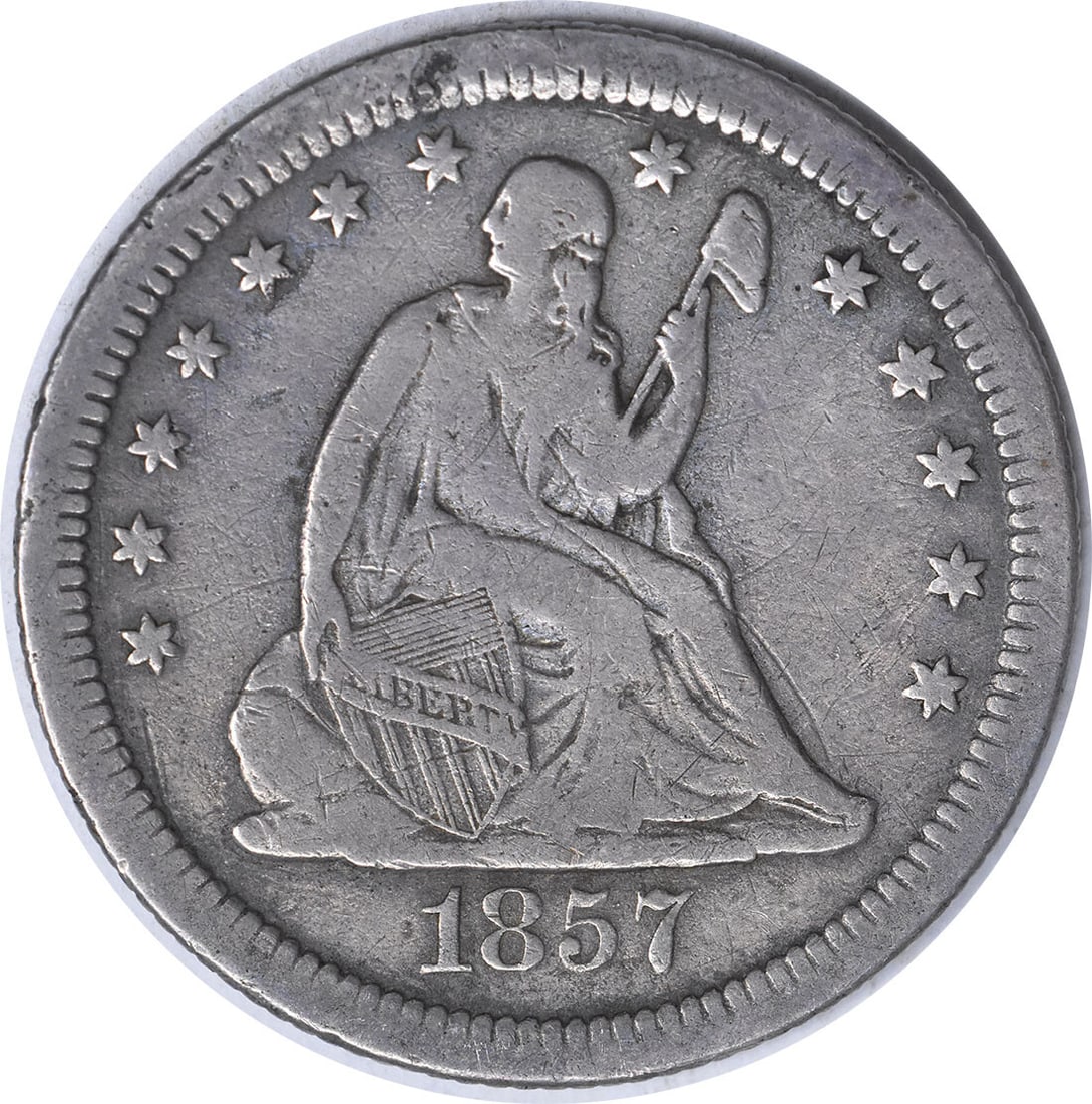 1857-S Liberty Seated Silver Quarter 25C Uncertified 90% Silver: 1857-S Liberty Seated Silver Quarter 25C Uncertified 90% Silver This 1857-S Liberty Seated Silver Quarter is a remarkable piece of numismatic history. Struck in San Francisco, this quarter features a