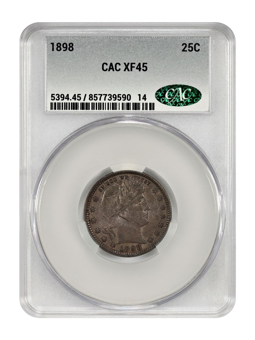 1898 Barber Quarter 25C CACG Graded XF45 Philadelphia Issue: 1898 Barber Quarter 25C CACG Graded XF45 Philadelphia Issue This is an 1898 Barber Quarter from the Philadelphia Mint, graded XF45 by CACG. The coin is circulated and features the classic Barber desig