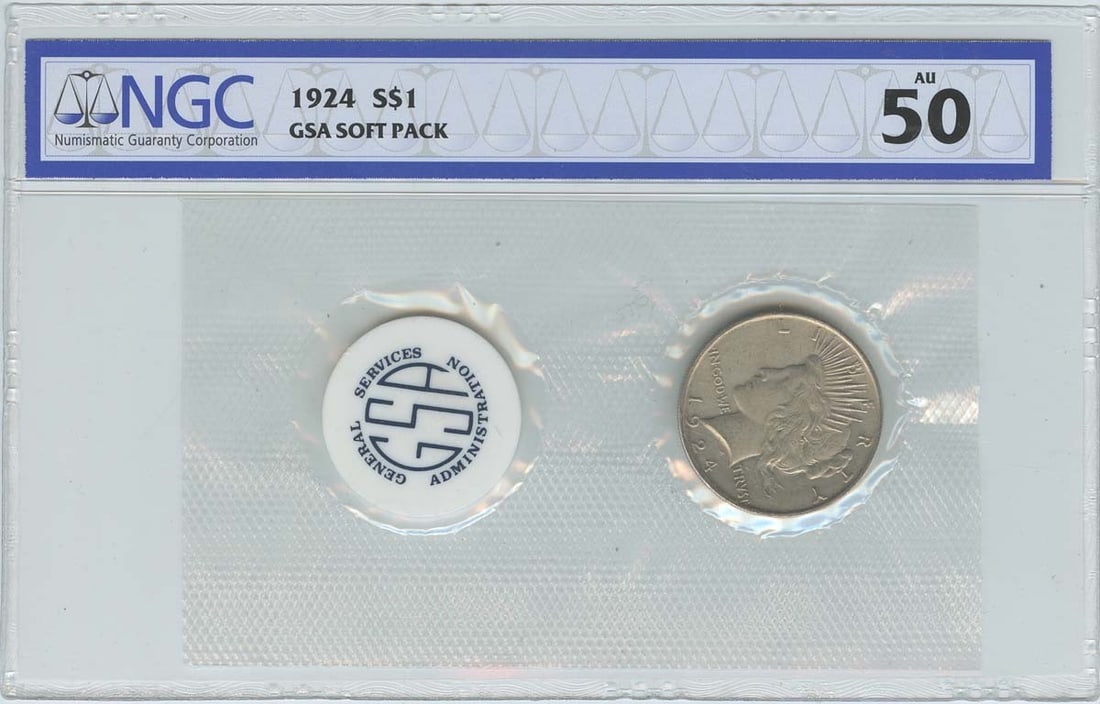 1924 Peace Dollar NGC AU50 Certified GSA Soft Pack: 1924 Peace Dollar NGC AU50 Certified GSA Soft Pack This 1924 Peace Dollar is a remarkable piece of numismatic history, encapsulated in a GSA soft pack. Graded AU50 by NGC, this coin shows signs of cir