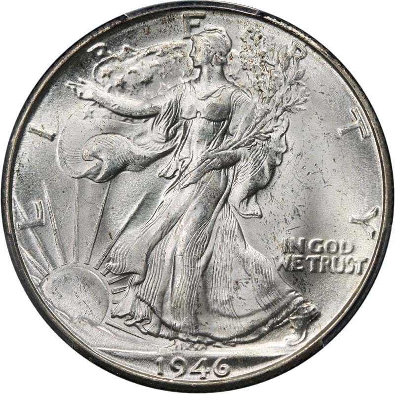 1946-D Walking Liberty Half Silver PCGS MS64 Exceptional Eye Appeal: 1946-D Walking Liberty Half Silver PCGS MS64 Exceptional Eye Appeal This 1946-D Walking Liberty Half showcases exceptional eye appeal with its brilliant luster and well-defined strike. The coin is cer