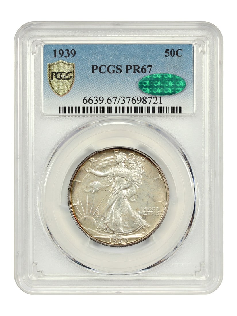 1939 Walking Liberty Half Dollar Proof PCGS CAC PR67: 1939 Walking Liberty Half Dollar Proof PCGS CAC PR67 This 1939 Walking Liberty Half Dollar is a proof strike graded PR67 by PCGS and features CAC approval. Struck at the Philadelphia Mint, this uncirc
