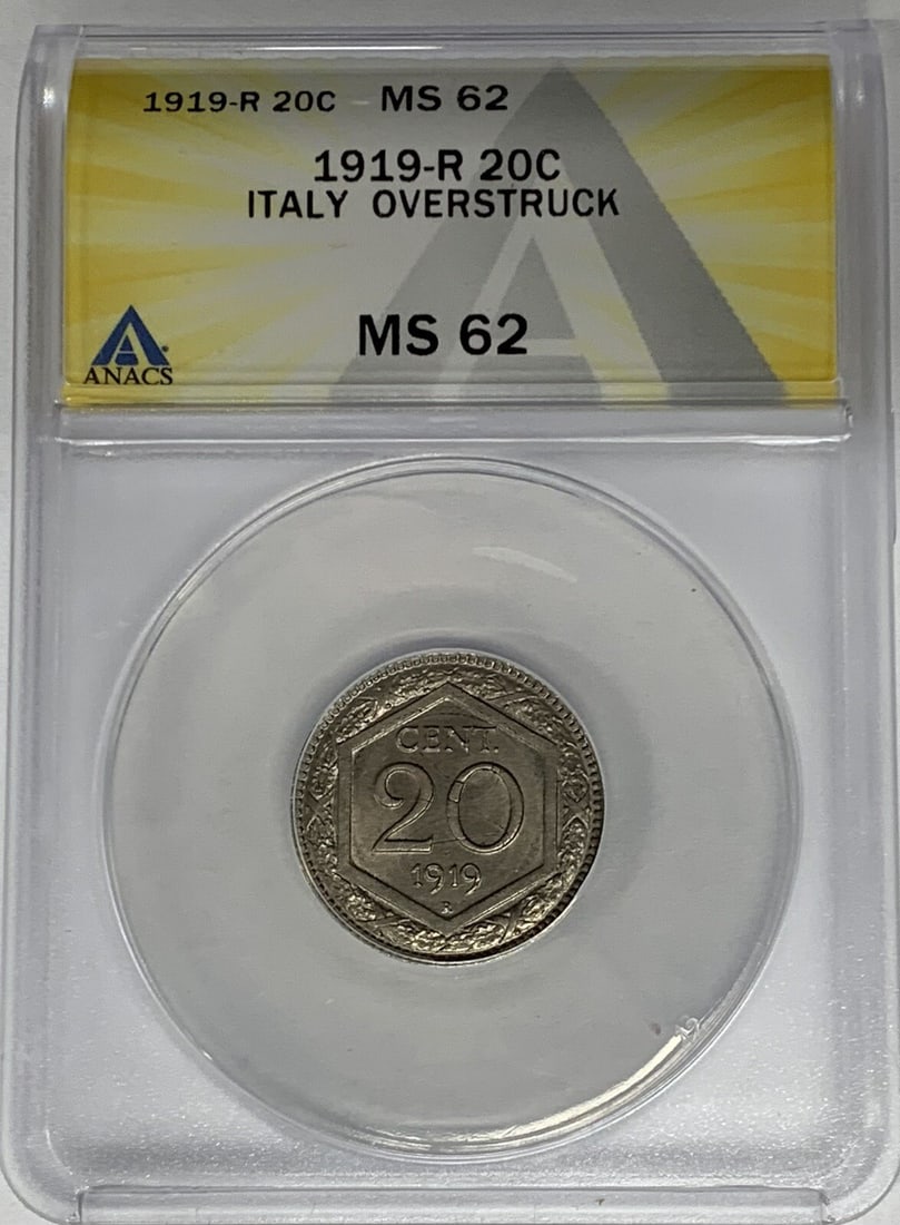 1919-R Italy 20 Cent Coin ANACS MS 62 Overstruck: 1919-R Italy 20 Cent Coin ANACS MS 62 Overstruck This exquisite 1919-R Italy 20 Cent Coin is a remarkable piece of numismatic history. Struck in Italy, this coin features a denomination of 20 cents an