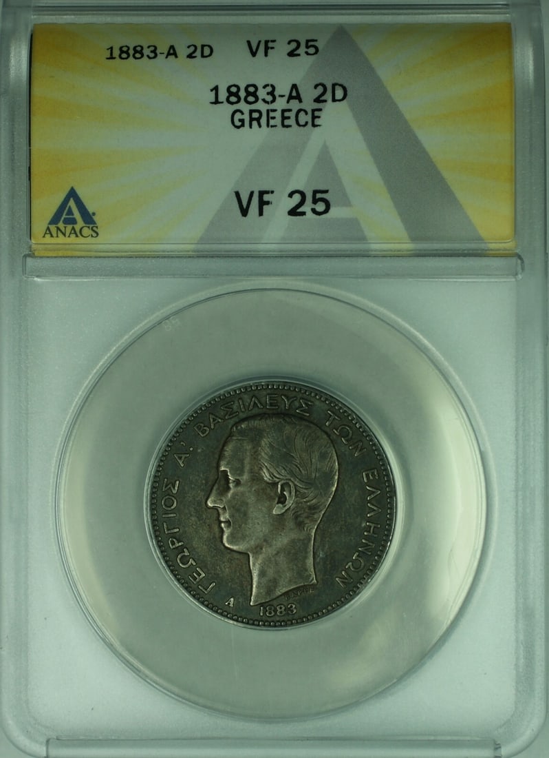 1883 2 Drachmai Silver Greece Coin ANACS VF-25 George I: 1883 2 Drachmai Silver Greece Coin ANACS VF-25 George I This 1883-A Greece 2 Drachmai silver coin features King George I and is graded VF-25 by ANACS. Composed of 0.835 fine silver, this circulated co