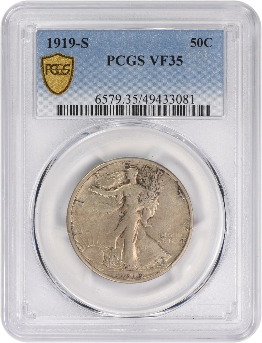1919 San Francisco Liberty Walking Half Dollar PCGS VF35 Silver: 1919 San Francisco Liberty Walking Half Dollar PCGS VF35 Silver This 1919-S Walking Liberty Half Dollar is graded VF35 by PCGS. Minted in San Francisco, this circulated coin features the iconic design