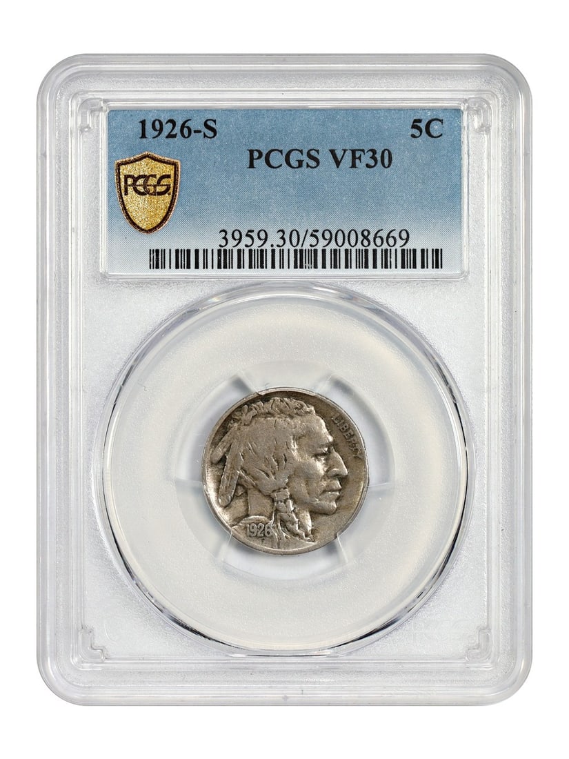 PCGS Graded 1926 San Francisco Buffalo Nickel VF30 Five Cent Coin: PCGS Graded 1926 San Francisco Buffalo Nickel VF30 Five Cent Coin This is a 1926-S Buffalo Nickel graded VF30 by PCGS, recognized as a popular key date among collectors. The coin is circulated and was
