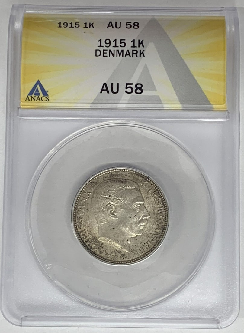 1915 Denmark 1 Krone Silver Coin ANACS AU 58 Certified (1 of 2)