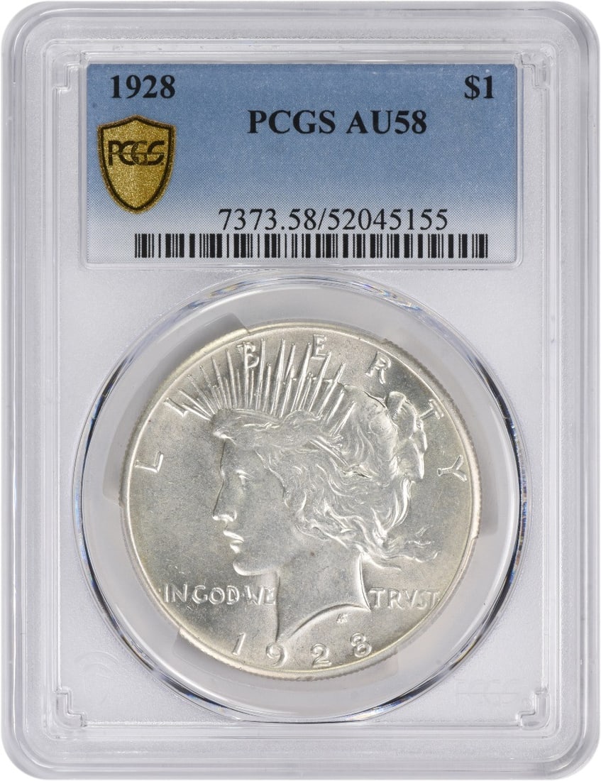 AU58 1928 Peace Dollar Silver Coin Certified by PCGS: AU58 1928 Peace Dollar Silver Coin Certified by PCGS This 1928 Peace Silver Dollar is graded AU58 by PCGS. It features a circulated condition and is composed of silver. Struck in the United States wit