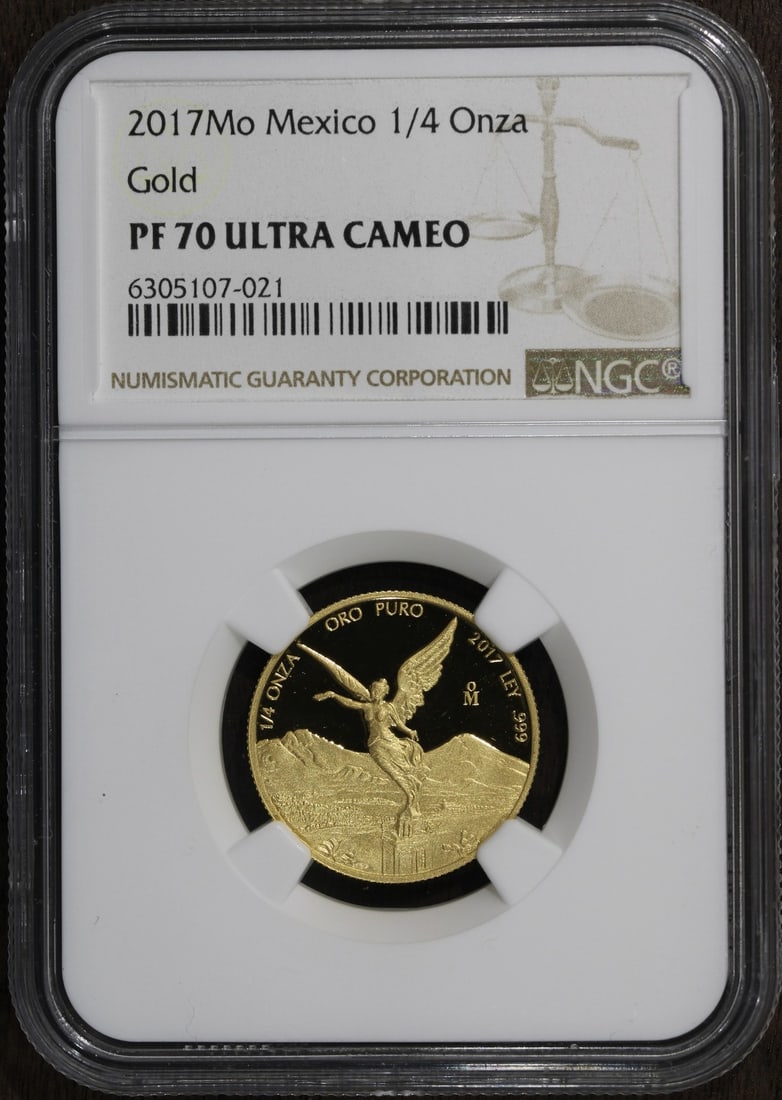 2017 Mexican 1/4 Onza Libertad Gold Coin NGC PF70 Ultra Cameo: 2017 Mexican 1/4 Onza Libertad Gold Coin NGC PF70 Ultra Cameo This stunning 2017 Mexican Libertad coin features a flawless Proof finish with an ultra cameo appearance. Struck from .999 fine gold, it c