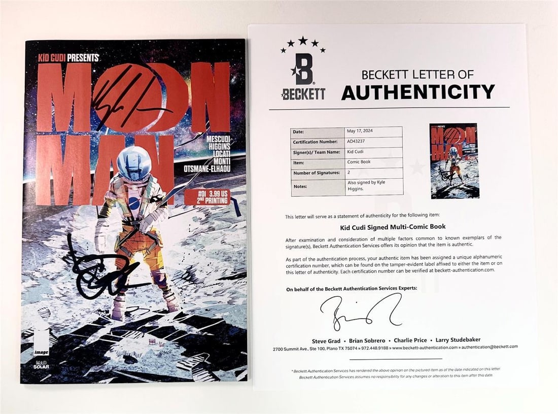 Kid Cudi Kyle Higgins Signed Moon Man Comic #1 2nd Print Beckett Authenticated: Kid Cudi Kyle Higgins Signed Moon Man Comic #1 2nd Print Beckett Authenticated This is a signed copy of Moon Man Comic #1, 2nd Print, featuring autographs from Kid Cudi and Kyle Higgins. Authenticated