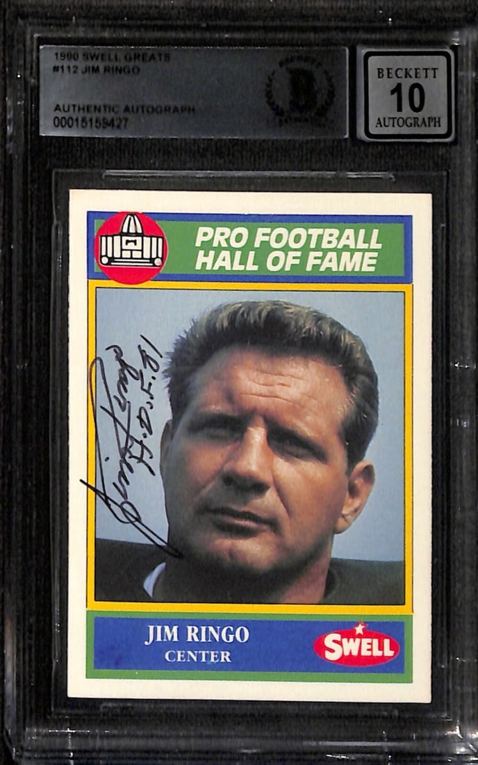 Jim Ringo Autographed 1990 Swell Greats #112 Card Beckett Grade 10: Jim Ringo Autographed 1990 Swell Greats #112 Card Beckett Grade 10 This is a signed 1990 Swell Greats #112 sports trading card featuring Jim Ringo, a legendary member of the Green Bay Packers and Pro