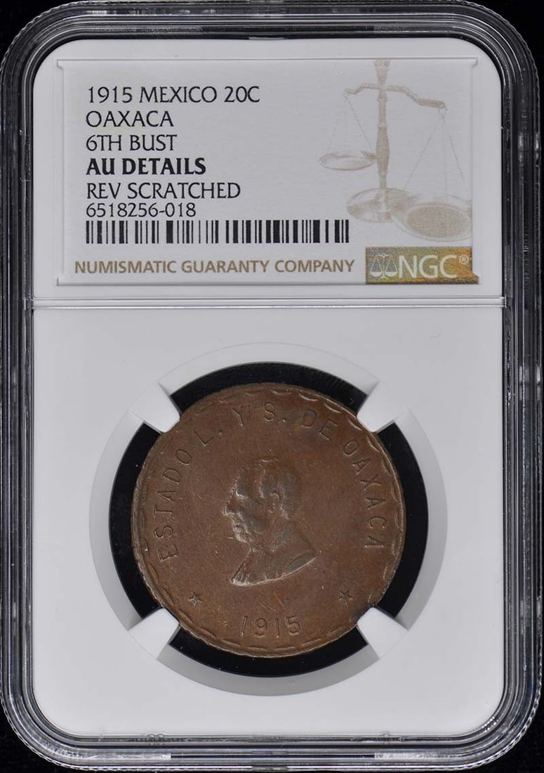 1915 Mexico Oaxaca 20 Centavos Coin NGC AU Details Certified: 1915 Mexico Oaxaca 20 Centavos Coin NGC AU Details Certified This 1915 Oaxaca 20 centavos coin from Mexico is a remarkable piece, certified by NGC with a grade of AU Details. It showcases the unique h