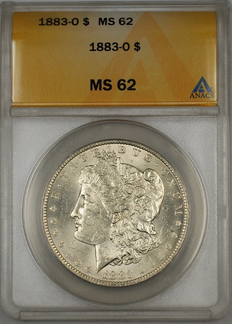 1883-O Morgan Silver Dollar Coin ANACS MS62 Uncirculated: 1883-O Morgan Silver Dollar Coin ANACS MS62 Uncirculated This 1883-O Morgan Silver Dollar is a remarkable piece of numismatic history. Graded MS-62 by ANACS, this uncirculated coin showcases the exqui