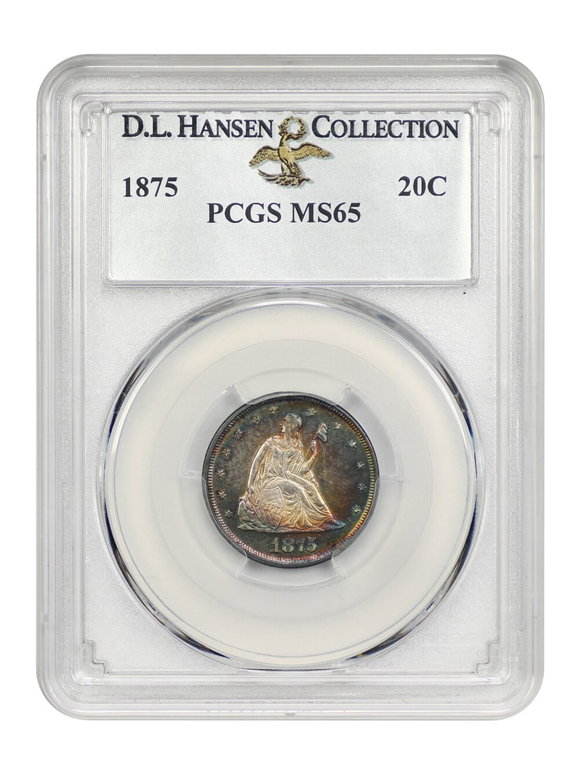 1875 20C PCGS MS65 Rainbow Toned Philadelphia Mint Coin: 1875 20C PCGS MS65 Rainbow Toned Philadelphia Mint Coin This 1875 20-Cent coin is a stunning example of numismatic artistry, certified by PCGS with a grade of MS65. It features creamy champagne center
