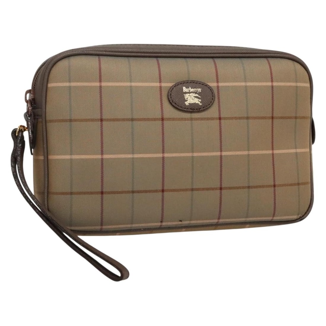 Beige Nova Check Clutch Bag by Burberry: Beige Nova Check Clutch Bag by Burberry This pre-owned Burberry Nova Check pochette features the brand's iconic beige checked pattern. Designed for women, the bag is in good condition with minor rubbi