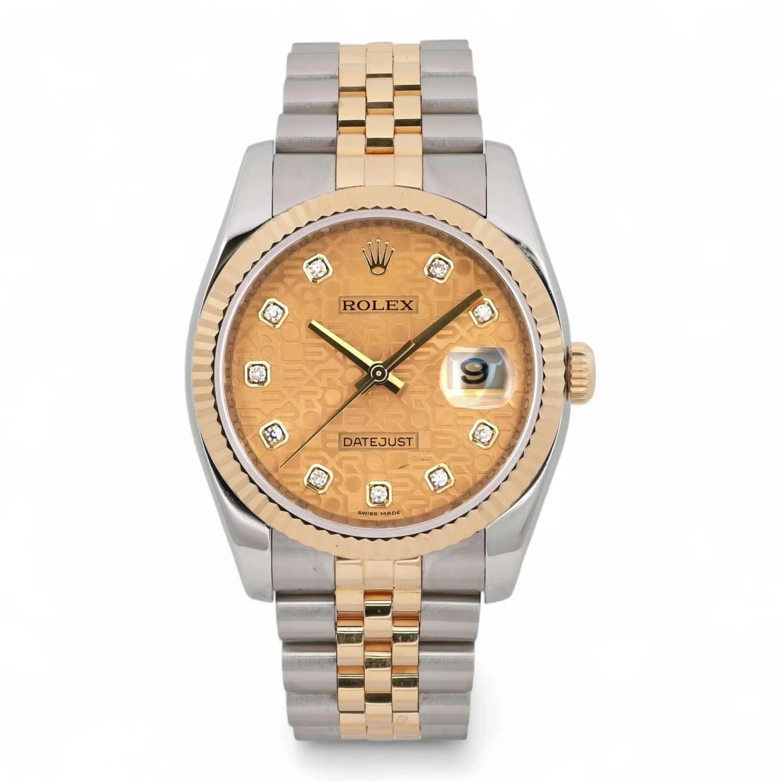 Rolex Datejust 116233 36mm Champagne Diamond Dial Automatic Men's Watch: Rolex Datejust 116233 36mm Champagne Diamond Dial Automatic Men's Watch This exquisite Rolex Datejust wristwatch features a 36mm stainless steel case with a luxurious champagne-colored dial, adorned w