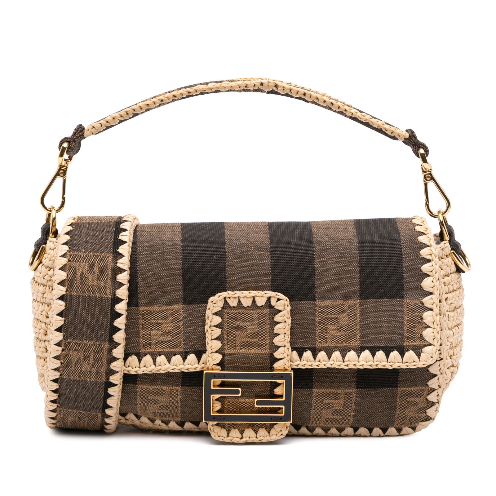 Fendi Pequin Gingham Canvas Raffia Baguette Satchel Bag: Fendi Pequin Gingham Canvas Raffia Baguette Satchel Bag The Fendi Pequin Gingham Canvas and Raffia Baguette Satchel is a stylish and functional accessory perfect for any occasion. This satchel feature