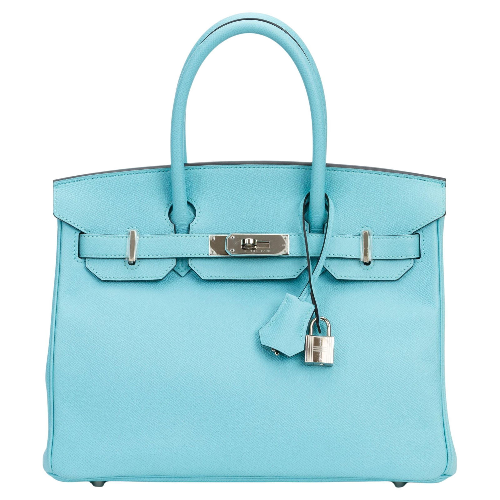 Hermes Birkin 30 Blue Atoll Epsom with Palladium Hardware: Hermes Birkin 30 Blue Atoll Epsom with Palladium Hardware Introducing the exquisite Hermes Birkin 30 bag in a stunning Blue Atoll Epsom leather. This luxurious handbag features palladium hardware, com