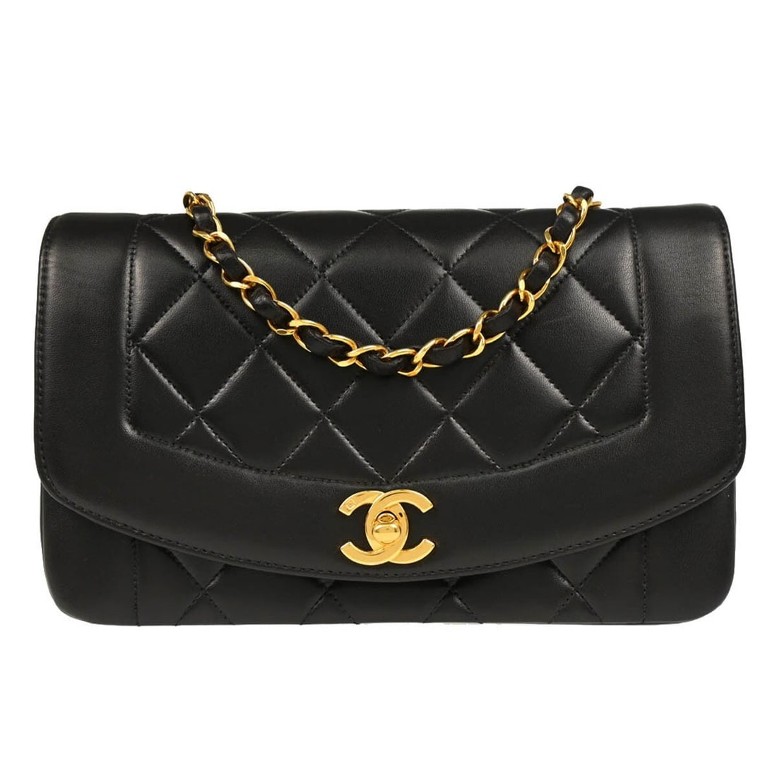 Chanel Black Lambskin Small Diana Shoulder Bag with Chain Strap: Chanel Black Lambskin Small Diana Shoulder Bag with Chain Strap This Chanel Small Diana Shoulder Bag is a stylish accessory crafted from luxurious black lambskin. Designed for casual occasions, it fea