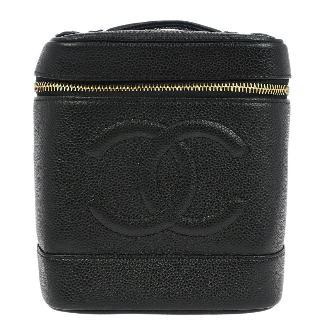 Chanel Caviar Leather CC Vanity Cosmetic Bag with Top Handle: Chanel Caviar Leather CC Vanity Cosmetic Bag with Top Handle This Chanel Timeless Vanity handbag is crafted from black caviar skin leather with a structured silhouette. It features a top handle, a zip