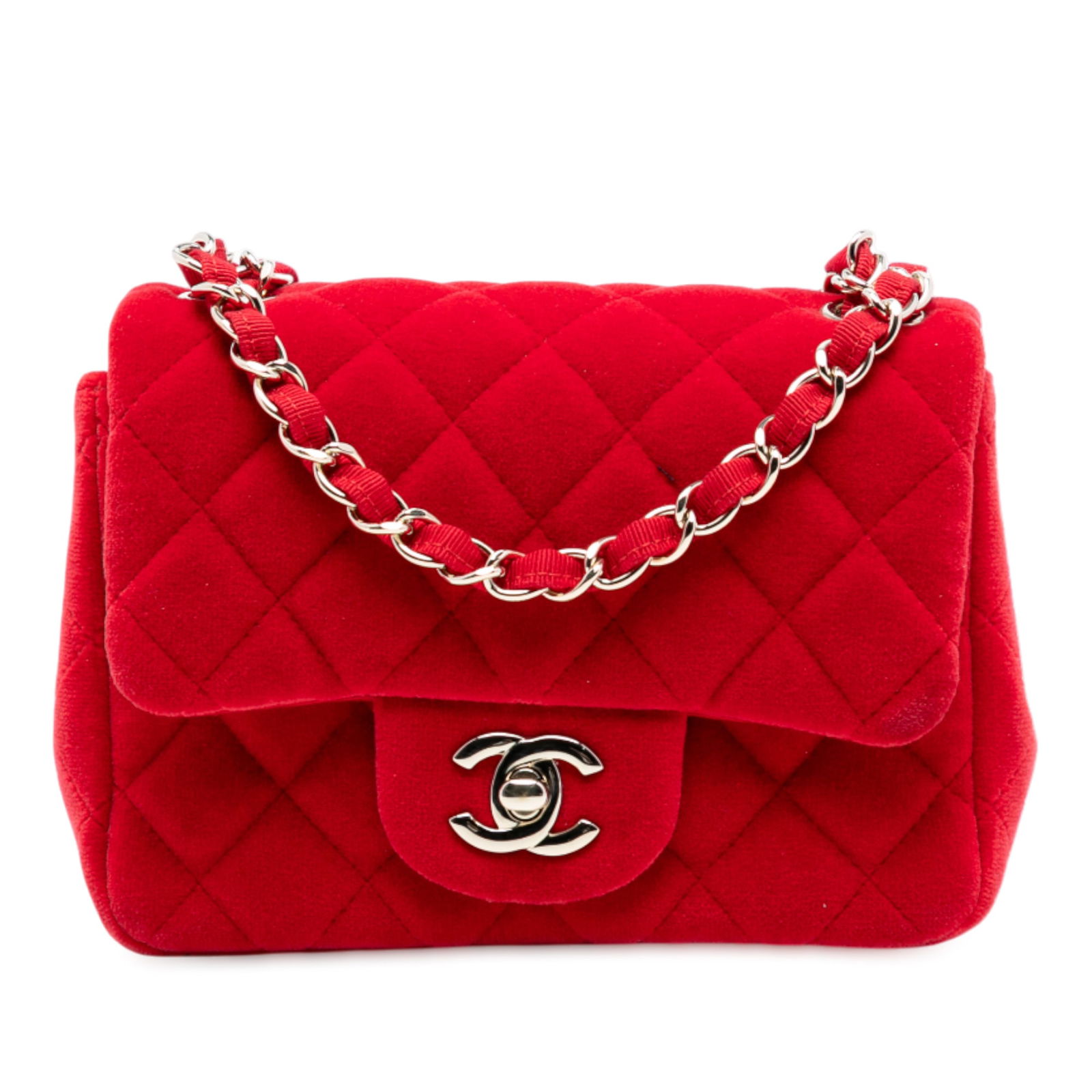 Red Velvet Chanel Mini Square Classic Crossbody Bag with CC Flap: Red Velvet Chanel Mini Square Classic Crossbody Bag with CC Flap This Chanel Mini Square Classic Velvet Single Flap crossbody bag features a quilted velvet body in red, a leather-woven chain shoulder