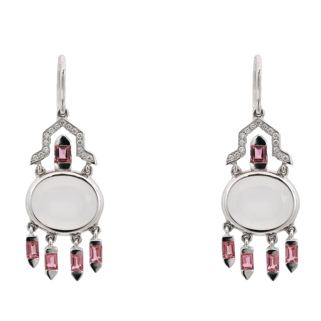 18k White Gold Dangle Earrings with Pink Sapphires and Diamonds by Rachel Koen: 18k White Gold Dangle Earrings with Pink Sapphires and Diamonds by Rachel Koen These elegant drop earrings by Rachel Koen feature natural pink sapphires in an emerald cut, accented with pave set round