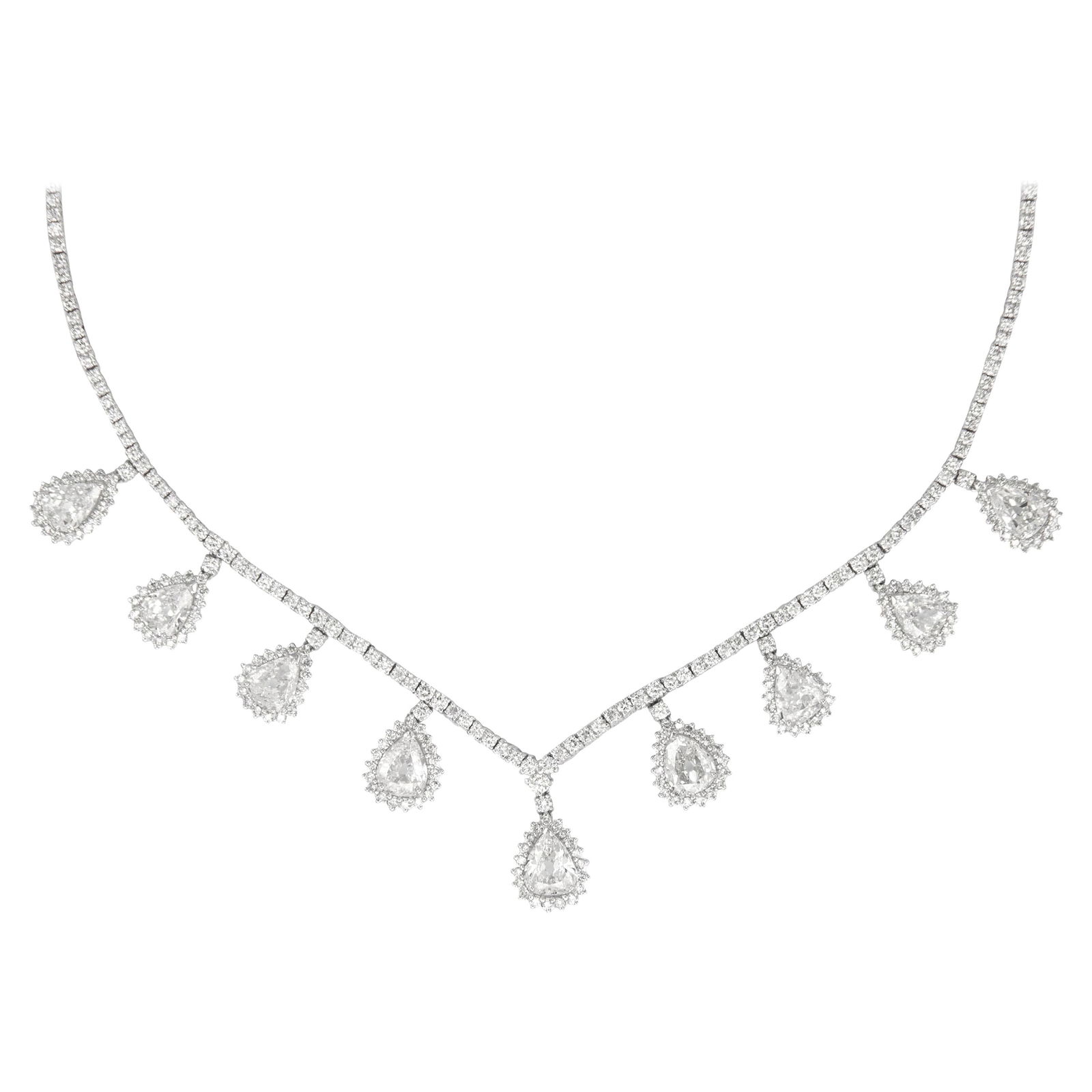 15.91ct Old Pear Cut Diamond Necklace in 18k White Gold: 15.91ct Old Pear Cut Diamond Necklace in 18k White Gold This stunning 15.91 Carat Old Pear Cut Diamond Dangling Necklace is crafted from exquisite 18 Karat White Gold. Designed in a contemporary style