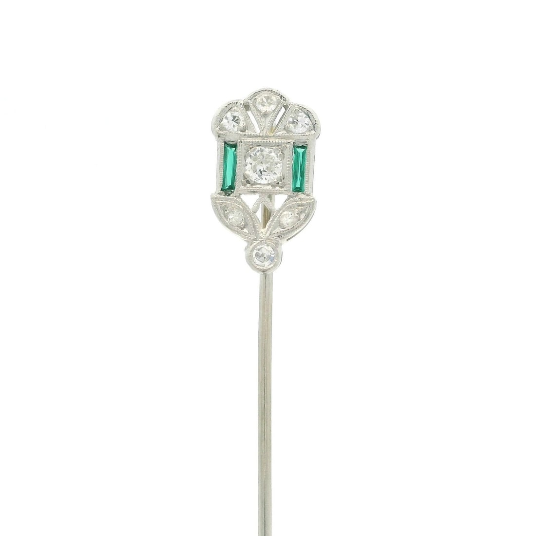 Antique Art Deco 10k White Gold Diamond & Green Glass Stick Pin: Antique Art Deco 10k White Gold Diamond & Green Glass Stick Pin This exquisite Antique Art Deco stick pin features a stunning combination of 10k white gold and platinum, adorned with natural diamonds